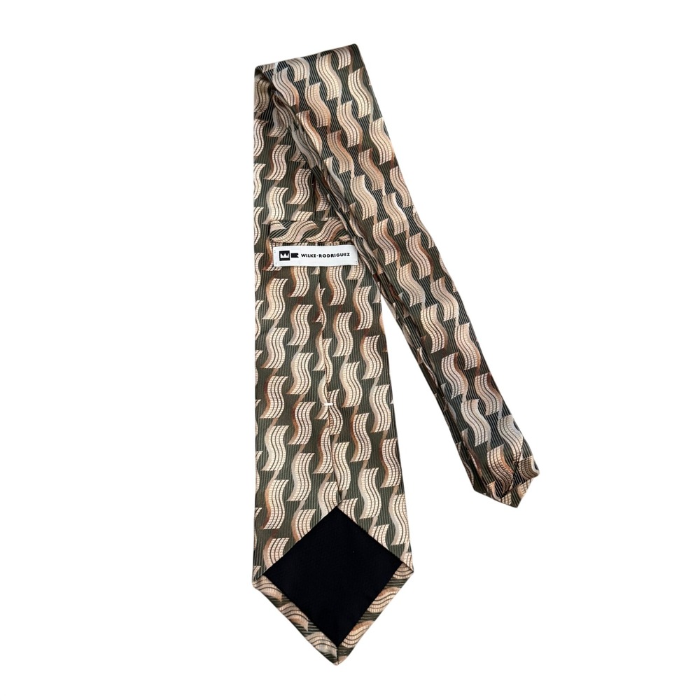 Wilke-Rodriguez Mens Silk Necktie Olive Green Tan Bronze Geometric Wave Pattern